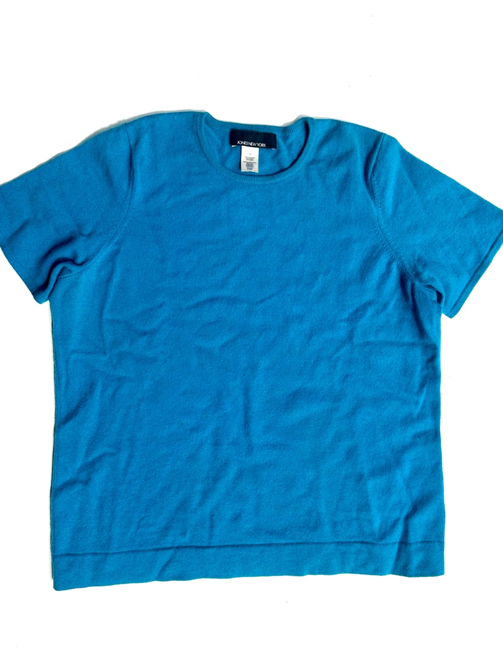 Jones New York 100% Cashmere Vintage Teal-Blue Short Sleeve Crewneck Sweater, 1X